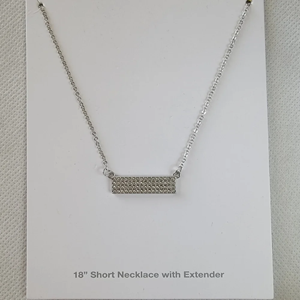 Pave Bar Necklace Silver Tone Clear Diamond Rhinestones Iced Out